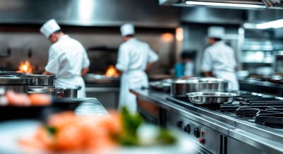 blurred photo of 3 chefs cooking in industrial kitchen